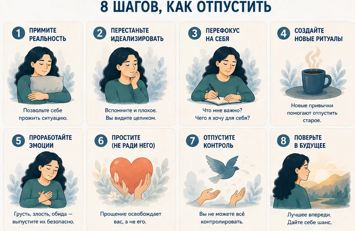 8 шагов, как отпустить бывшего: принять реальность, перестать идеализировать, перефокус на себя, новые ритуалы, проработать эмоции, простить, отпустить контроль, поверить в будущее