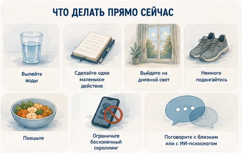Что делать при апатии прямо сейчас: выпить воды, одно маленькое действие, дневной свет, движение, поесть, меньше скроллинга, поговорить