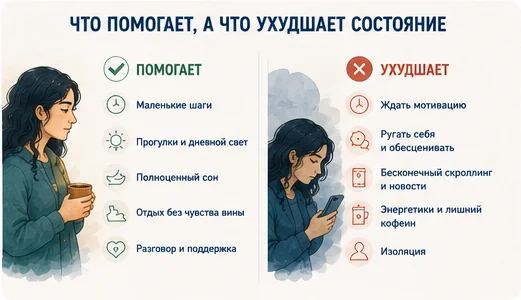 Что помогает при апатии и что ухудшает состояние: маленькие шаги и отдых против ожидания мотивации и самокритики