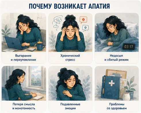 Почему возникает апатия: выгорание, стресс, недосып, потеря смысла, подавленные эмоции, проблемы со здоровьем