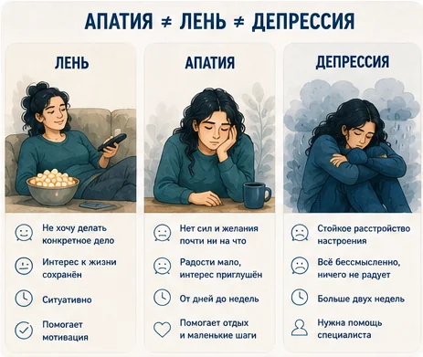 Чем апатия отличается от лени и депрессии: сравнение по сути, интересу к жизни, длительности и тому, что помогает