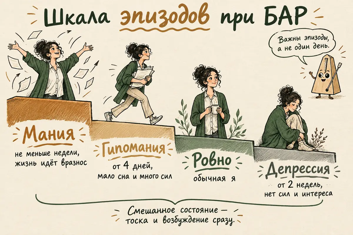 Шкала настроения при биполярном расстройстве: мания, гипомания, ровное состояние, депрессия и смешанное состояние, с короткими приметами каждого
