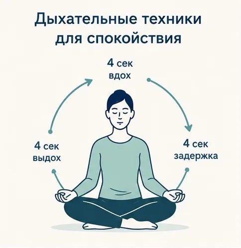 Схема дыхательной техники: вдох, задержка и выдох по 4 секунды