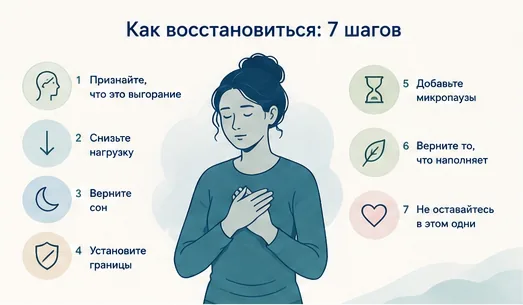 7 шагов восстановления после выгорания: сон, границы, паузы, поддержка