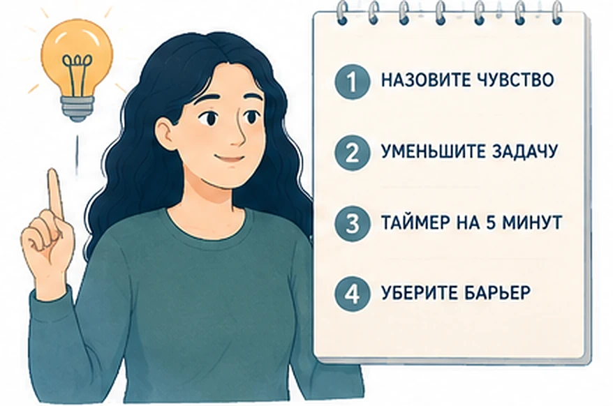 Что делать при прокрастинации: назовите чувство, уменьшите задачу, таймер на 5 минут, уберите барьер