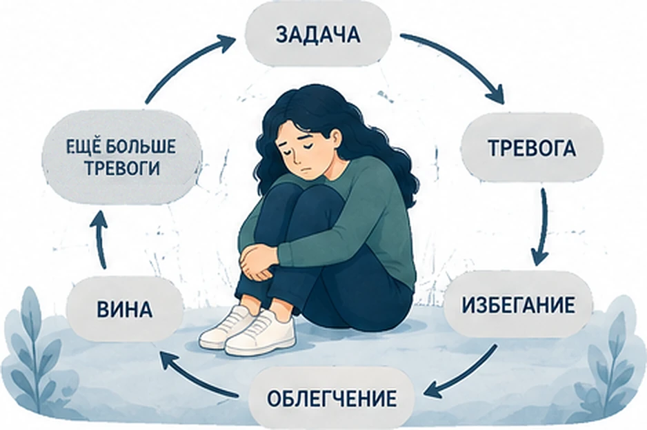 Цикл прокрастинации: задача, тревога, избегание, облегчение, вина, ещё больше тревоги