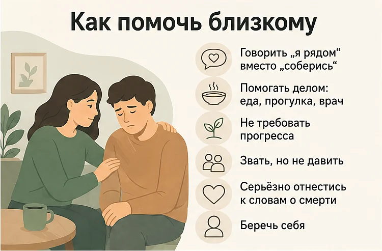 Как помочь близкому с депрессией: говорить «я рядом» вместо «соберись», помогать делом, не требовать прогресса, звать, но не давить, серьёзно отнестись к словам о смерти, беречь себя