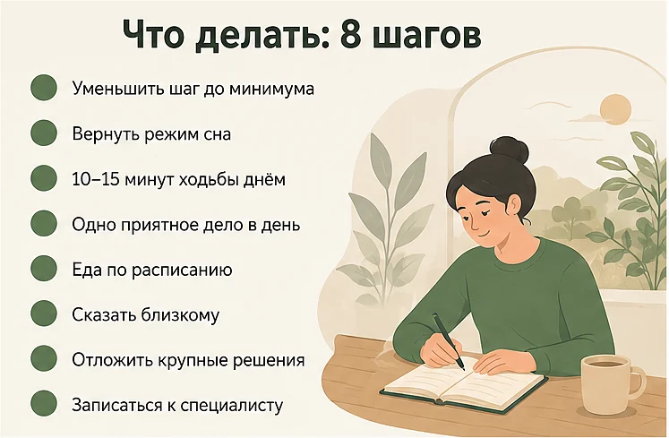 Что делать при депрессии: уменьшить шаг до минимума, вернуть режим сна, 10–15 минут ходьбы днём, одно приятное дело в день, еда по расписанию, сказать близкому, отложить крупные решения, записаться к специалисту