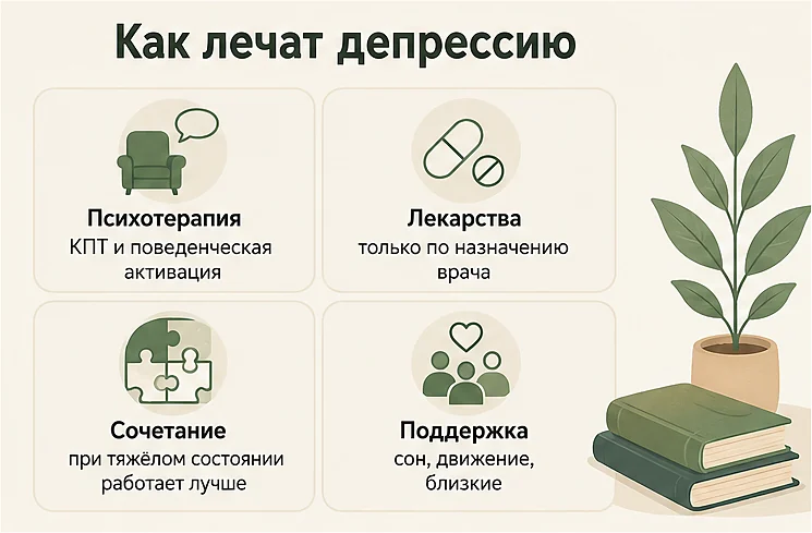 Как лечат депрессию: психотерапия КПТ и поведенческая активация, лекарства только по назначению врача, сочетание методов, поддержка — сон, движение, близкие
