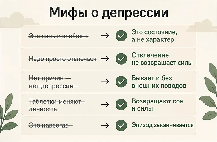Мифы о депрессии: «это лень и слабость», «надо просто отвлечься», «нет причин — нет депрессии», «таблетки меняют личность», «это навсегда» — и ответы на них