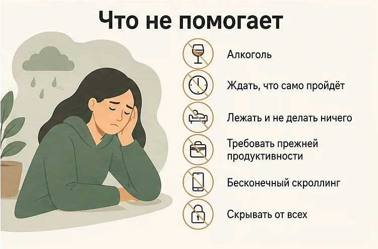Что не помогает при депрессии: алкоголь, ждать, что само пройдёт, лежать и не делать ничего, требовать прежней продуктивности, бесконечный скроллинг, скрывать от всех