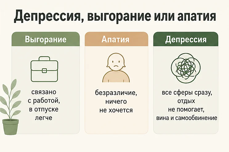 Депрессия, выгорание или апатия: выгорание связано с работой, апатия — безразличие, при депрессии страдают все сферы и отдых не помогает