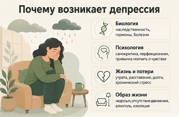 Причины депрессии: биология и наследственность, психология и самокритика, жизненные потери и стресс, образ жизни