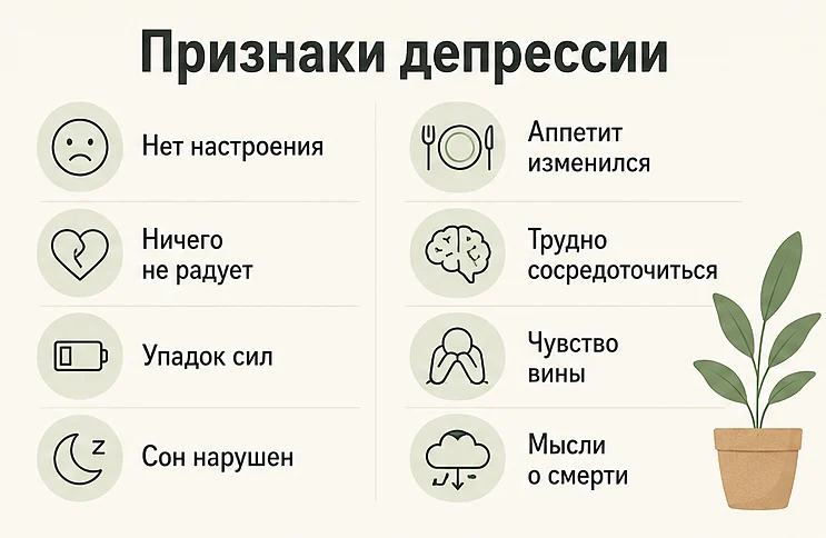 Признаки депрессии: нет настроения, ничего не радует, упадок сил, сон нарушен, аппетит изменился, трудно сосредоточиться, чувство вины, мысли о смерти