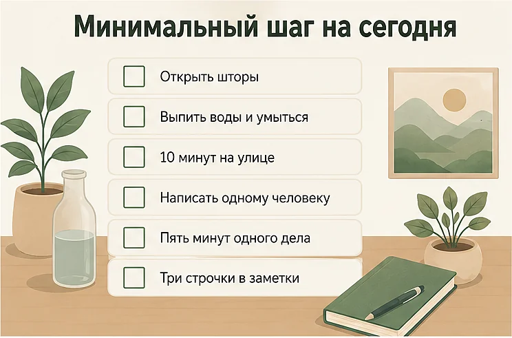 Минимальный шаг на сегодня при депрессии: открыть шторы, выпить воды и умыться, 10 минут на улице, написать одному человеку, пять минут одного дела, три строчки в заметки