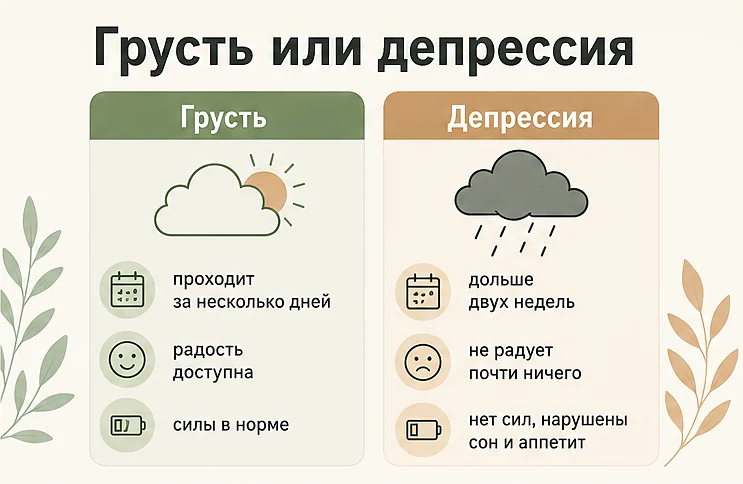 Чем депрессия отличается от грусти: грусть проходит за несколько дней, депрессия держится дольше двух недель и нарушает сон и аппетит