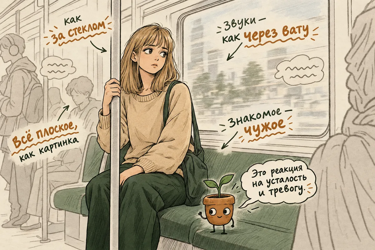 Как ощущается дереализация: мир за стеклом, плоские предметы, приглушённые звуки и тусклые цвета вокруг героини