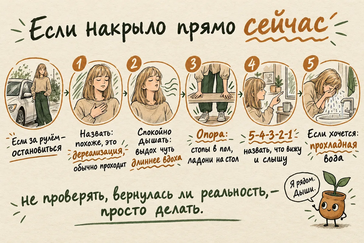 Что делать при приступе дереализации: назвать состояние, медленный выдох, опора стопами и ладонями, упражнение 5-4-3-2-1, холодная вода