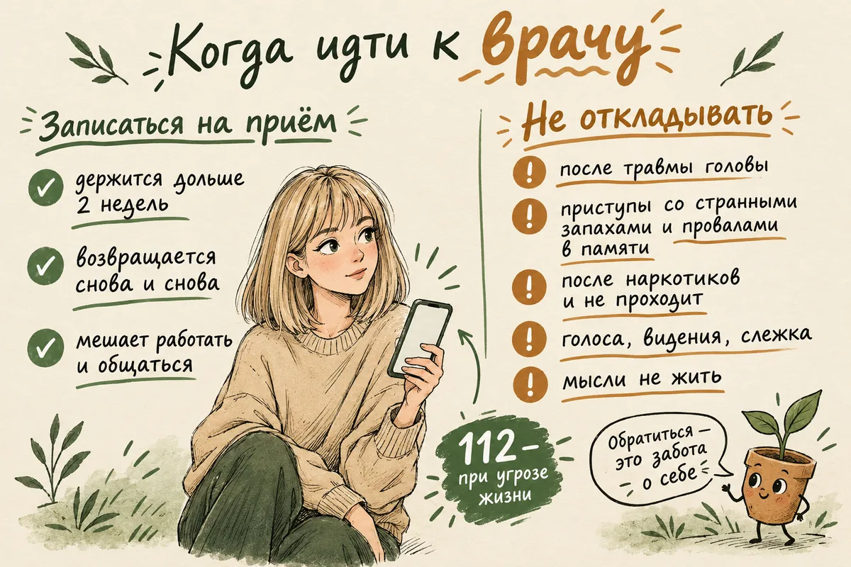 Когда идти к врачу при дереализации: держится дольше двух недель, мешает жить, появилась после травмы головы или наркотиков, есть голоса или мысли не жить
