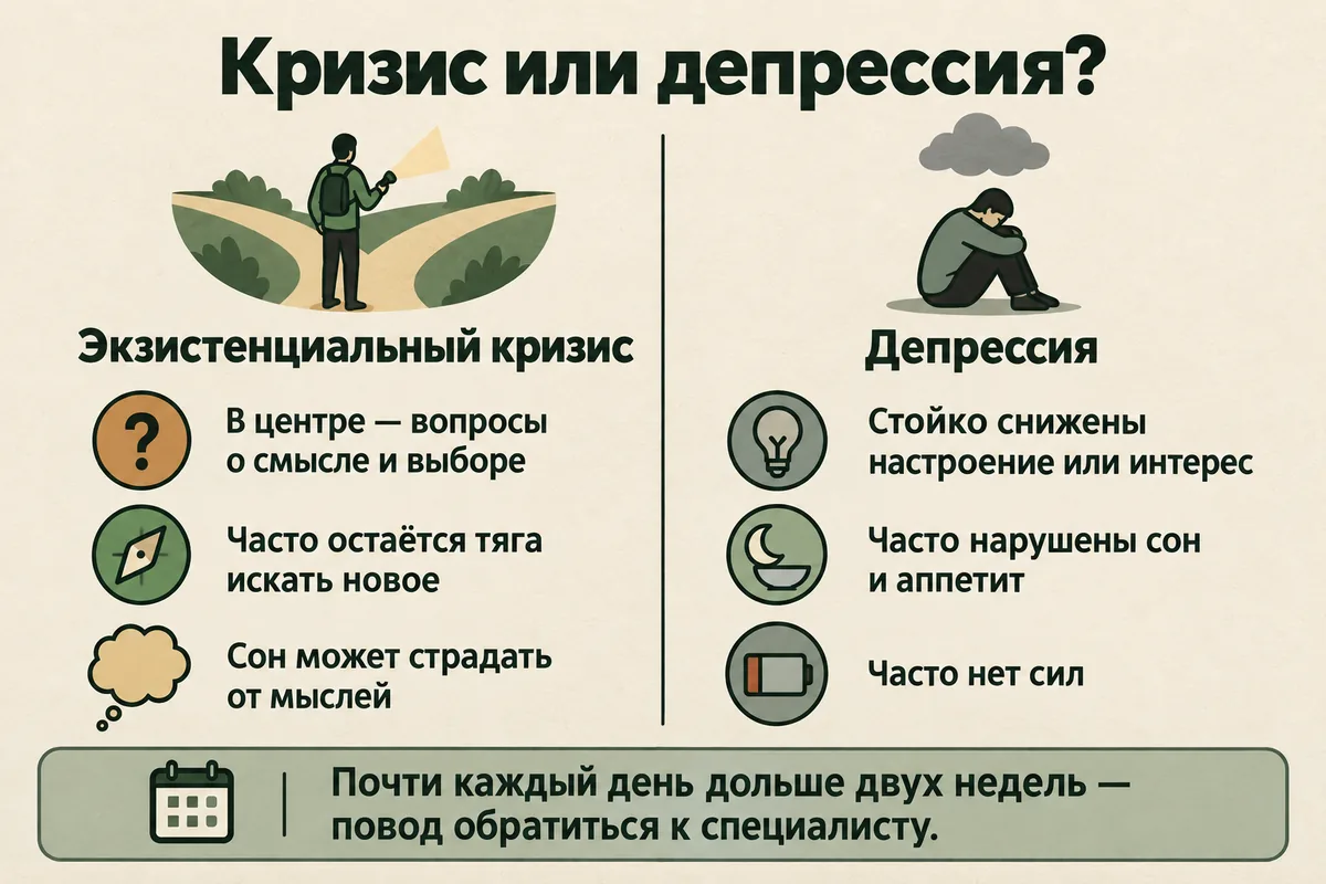 Экзистенциальный кризис или депрессия: при кризисе в центре вопросы о смысле и выборе, при депрессии — стойко сниженное настроение или потеря интереса, часто с нарушениями сна, аппетита и сил