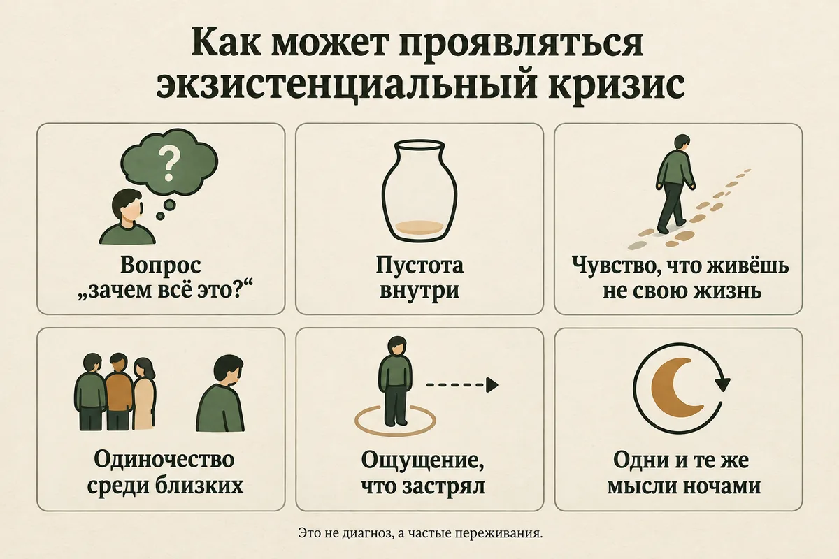 Как может проявляться экзистенциальный кризис: вопрос «зачем всё это», пустота, чувство чужой жизни, одиночество среди близких, застревание, одни и те же мысли ночами