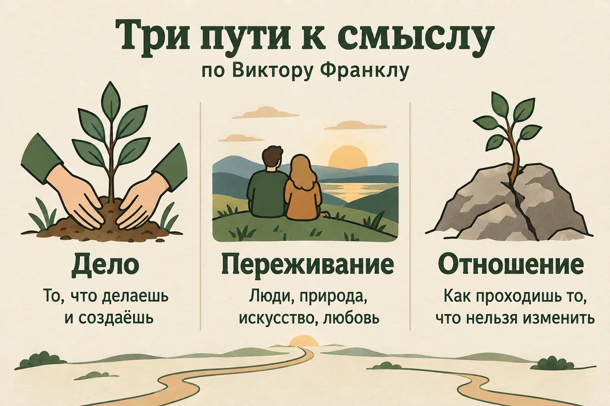 Три пути к смыслу по Франклу: через дело и то, что создаёшь; через переживания — людей, природу, искусство; через отношение к тому, что нельзя изменить