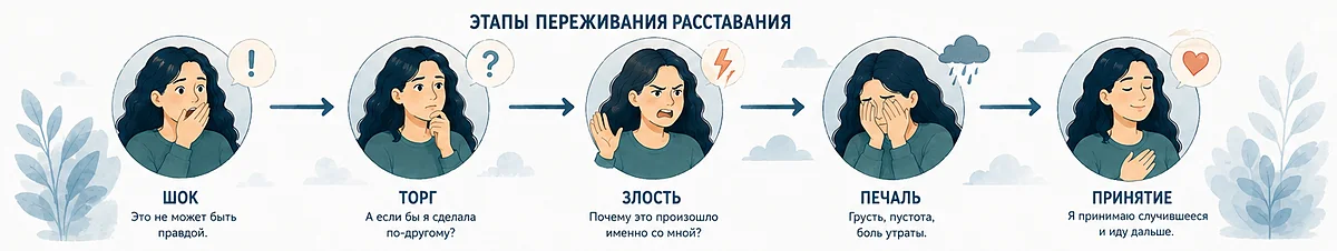 Этапы переживания расставания: шок, торг, злость, печаль, принятие
