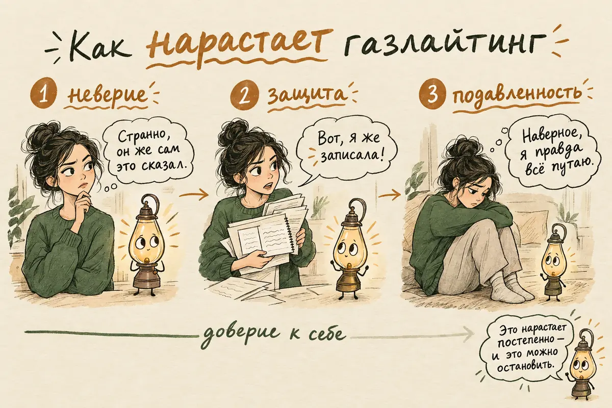 Как работает газлайтинг: схема из трёх стадий — неверие, защита, подавленность, — которые постепенно снижают доверие к себе