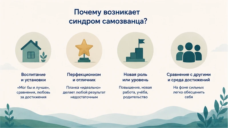 Причины синдрома самозванца: воспитание и установки, перфекционизм, новая роль, среда высоких достижений