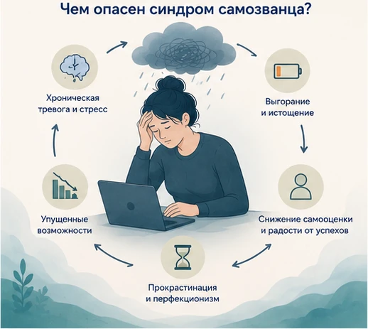 Цикл синдрома самозванца: сомнение, переработка, успех, обесценивание, новая тревога