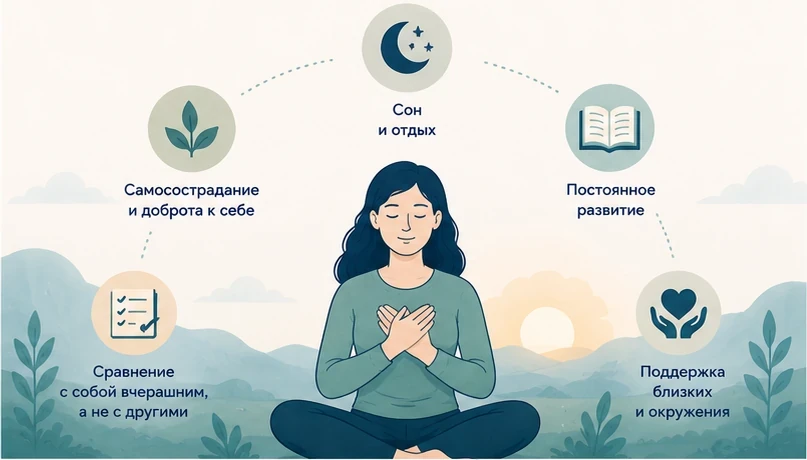 Как поддержать себя в долгую при синдроме самозванца: сон и отдых, самосострадание, развитие, поддержка близких