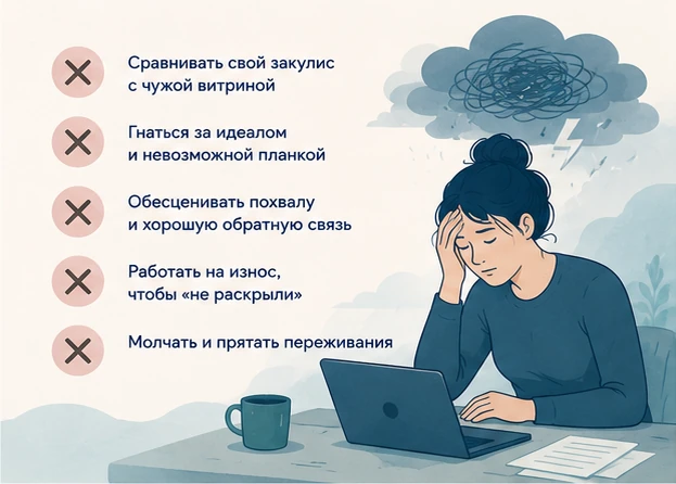 Ошибки, усиливающие синдром самозванца: молчать, сравнивать себя с другими, гнаться за идеалом, обесценивать похвалу