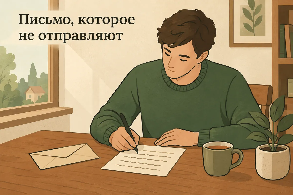 Письмо, которое не отправляют: человек у окна пишет письмо от руки, рядом конверт без адреса