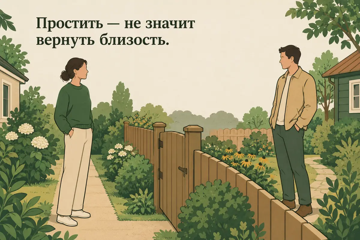 Простить — не значит вернуть близость: двое спокойно стоят по разные стороны невысокого забора с закрытой калиткой