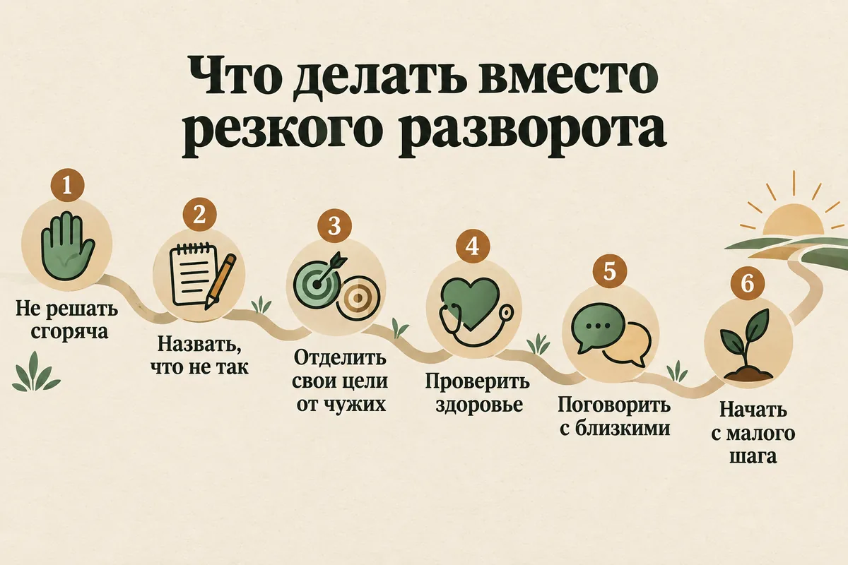 Как пережить кризис среднего возраста: не принимать резких решений, назвать проблему, отделить свои цели от чужих, начать с маленьких перемен, позаботиться о теле, поговорить с близкими