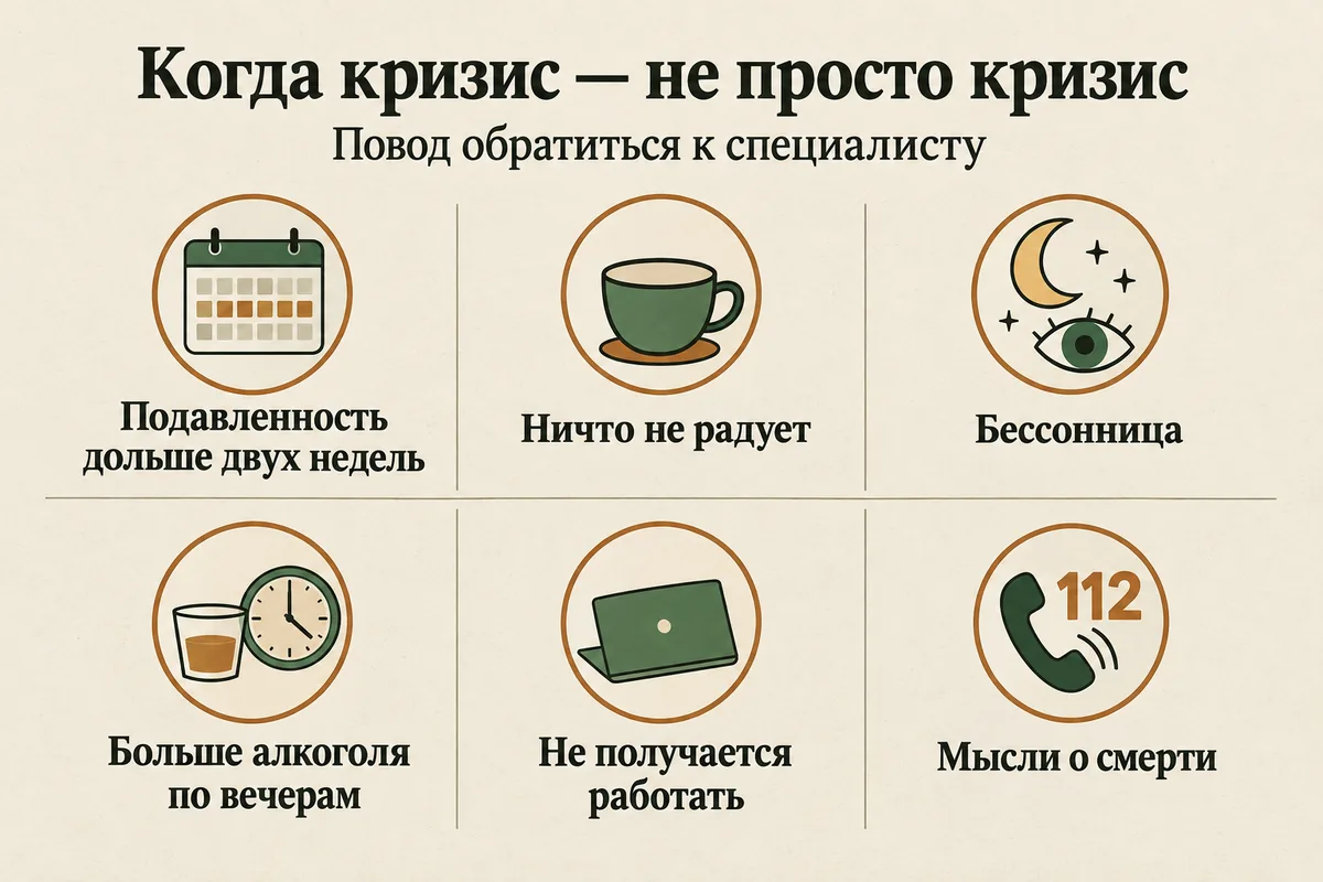 Когда кризис среднего возраста — не просто кризис: подавленность дольше двух недель, нет радости, бессонница, больше алкоголя, не получается работать, мысли о смерти
