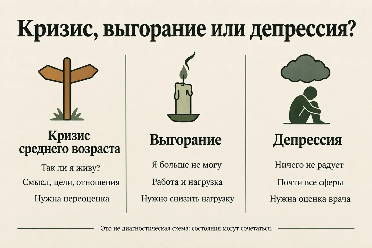Кризис среднего возраста, выгорание или депрессия: как звучит каждое состояние, где оно сильнее и что помогает
