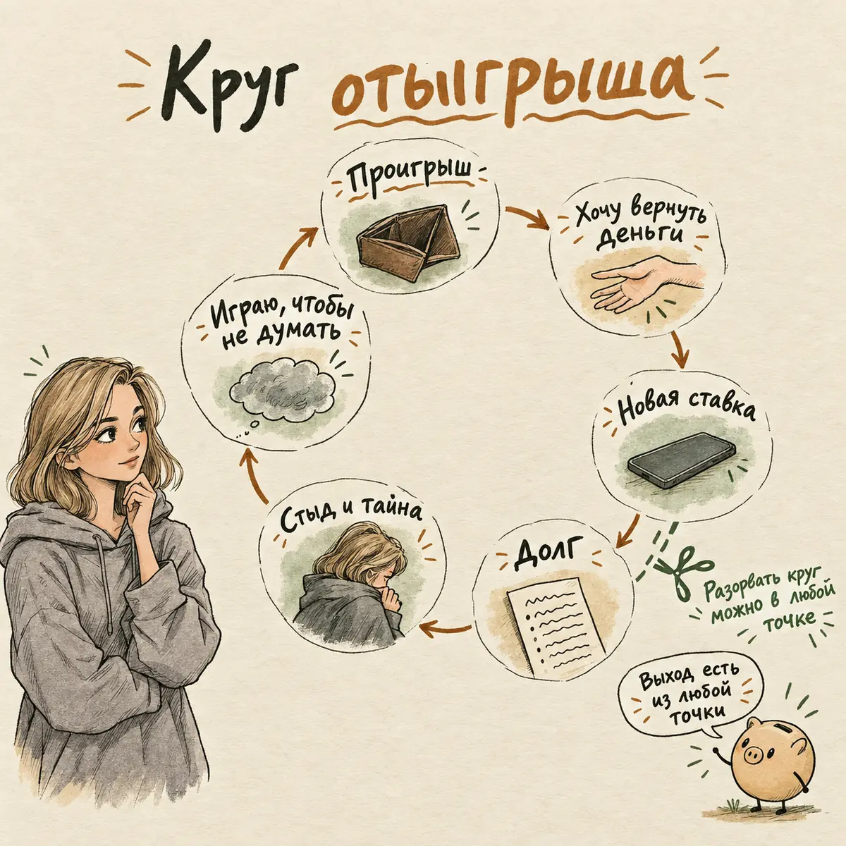 Круг отыгрыша при лудомании: проигрыш — желание вернуть деньги — новая ставка — долг — стыд и тайна — игра, чтобы не думать, и снова проигрыш