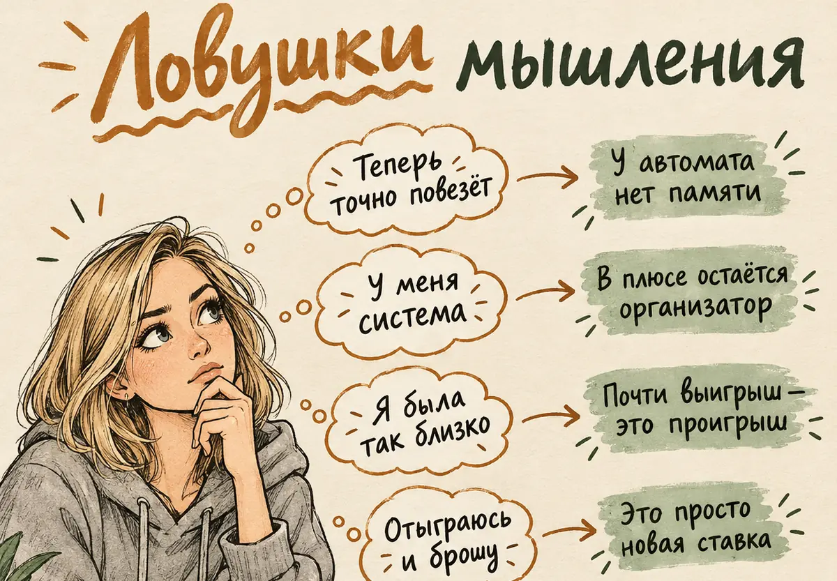 Ловушки мышления при игровой зависимости: «теперь точно повезёт», «у меня система», «я была так близко», «отыграюсь и брошу» — и что на самом деле стоит за каждой мыслью