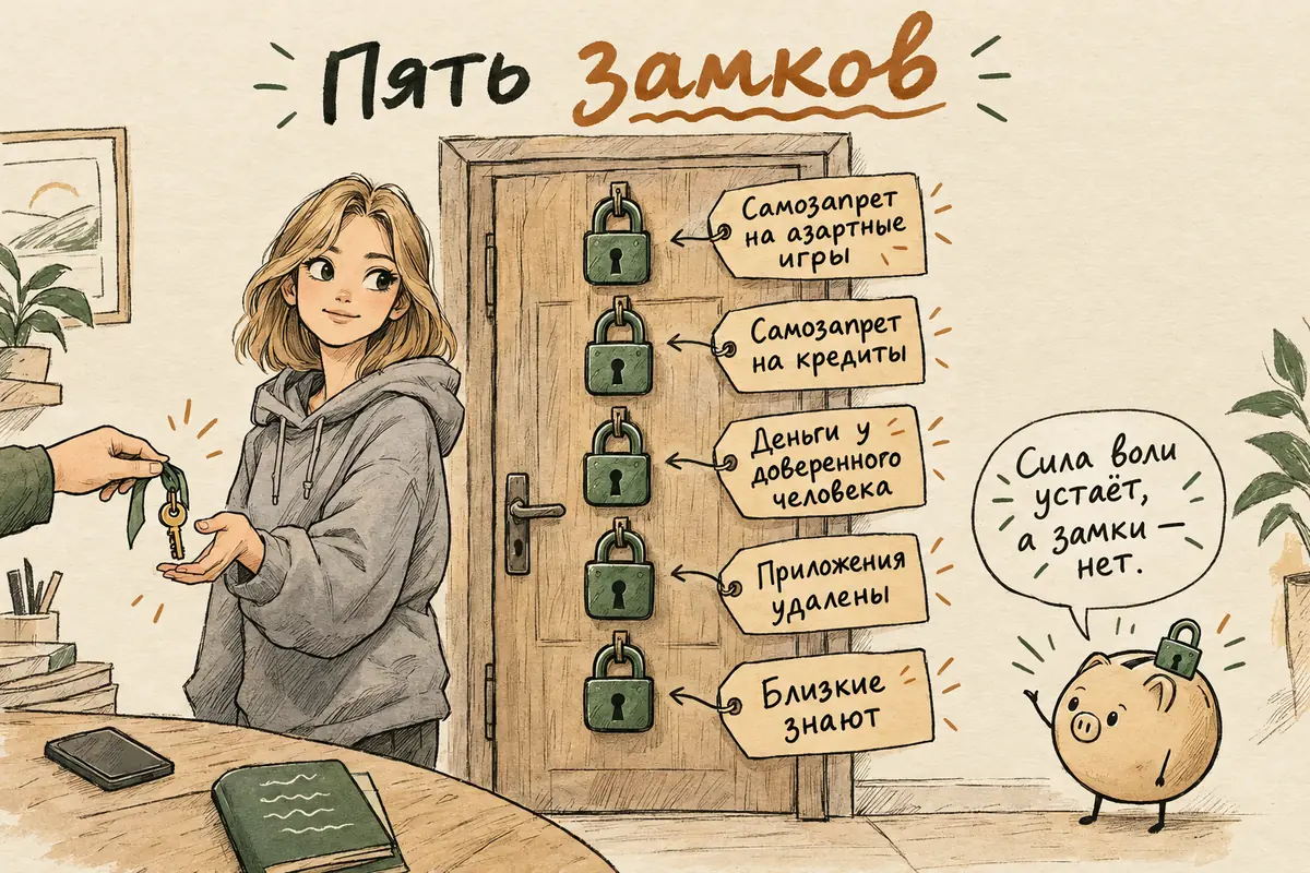 Как закрыть доступ к игре при лудомании: пять замков — самозапрет на азартные игры, самозапрет на кредиты, деньги у доверенного человека, удалённые приложения, поддержка близких