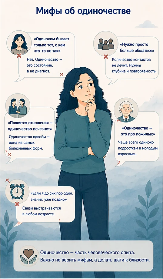 Мифы об одиночестве: «со мной что-то не так», «нужно просто больше общаться», «появятся отношения — одиночество исчезнет», «это про пожилых», «уже поздно»