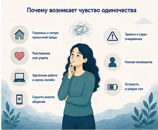 Почему возникает чувство одиночества: перемены и переезд, расставание, удалённая работа, соцсети, тревога и страх отвержения, низкая самооценка, усталость