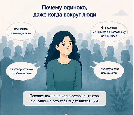 Почему одиноко, даже когда вокруг люди: разговоры только о работе и быте, ощущение, что тебя не понимают