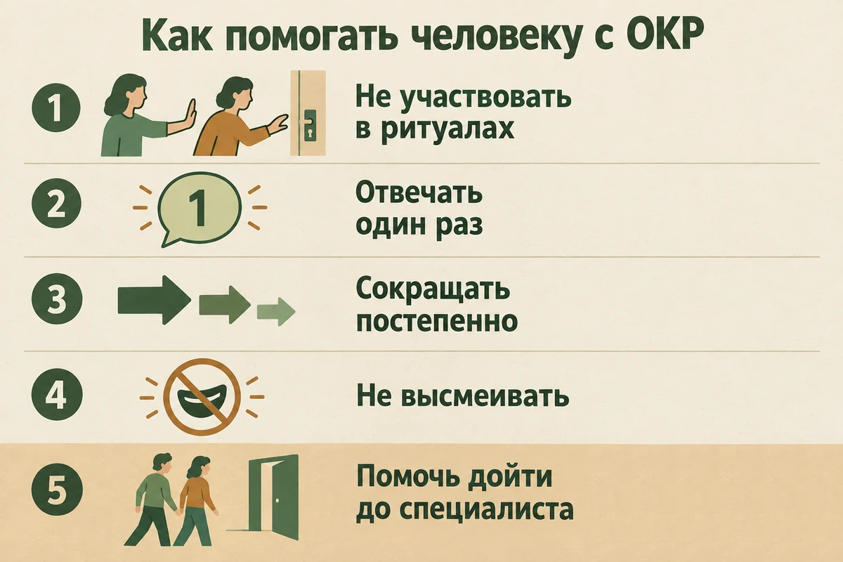 Как вести себя близкому человека с ОКР: не участвовать в ритуалах, отвечать один раз, не высмеивать, помочь дойти до специалиста