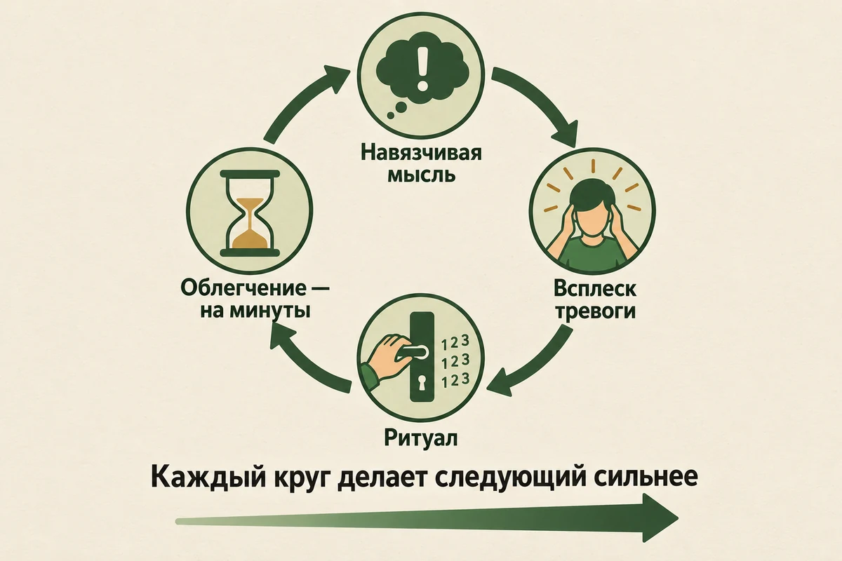 Круг ОКР: навязчивая мысль, всплеск тревоги, ритуал, короткое облегчение и усиление следующей волны