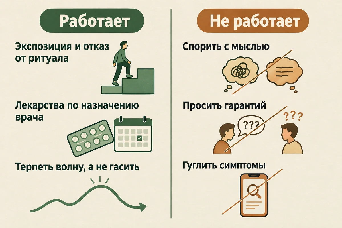 Что помогает при ОКР: экспозиция и отказ от ритуала, лекарства по назначению врача — и что не работает: спорить с мыслью, просить гарантий, гуглить симптомы