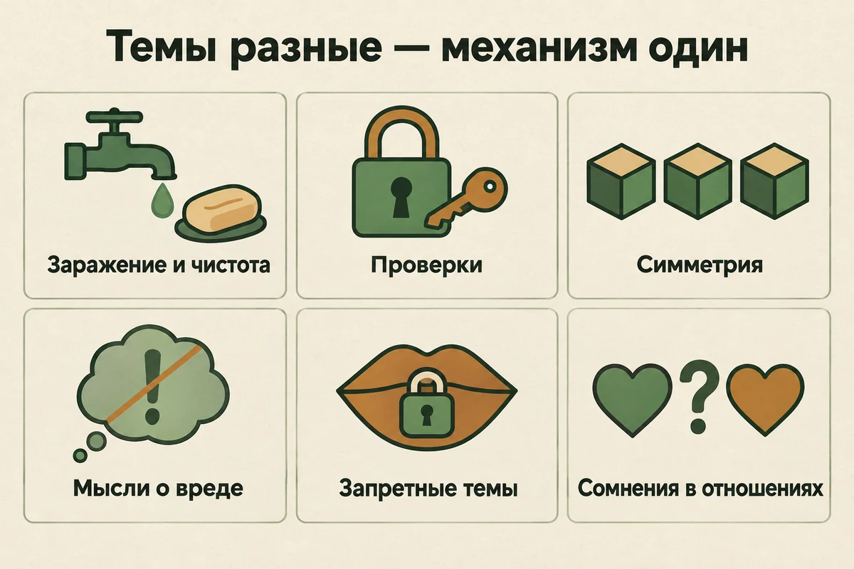 Основные темы обсессий при ОКР: заражение, проверки, симметрия, мысли о вреде, запретные темы, сомнения в отношениях