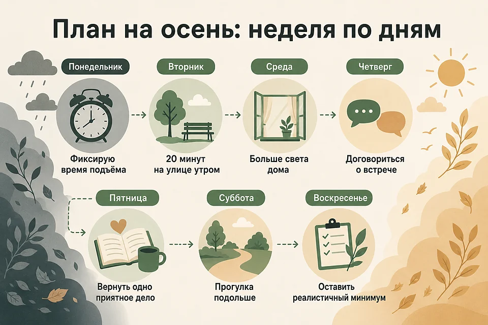 План на осень по дням недели: фиксирую время подъёма, 20 минут на улице утром, больше света дома, договориться о встрече, вернуть приятное дело, прогулка подольше, реалистичный минимум