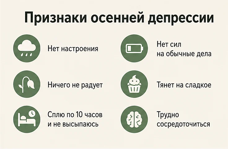 Признаки осенней депрессии: нет настроения, ничего не радует, сплю по 10 часов и не высыпаюсь, нет сил на обычные дела, тянет на сладкое, трудно сосредоточиться