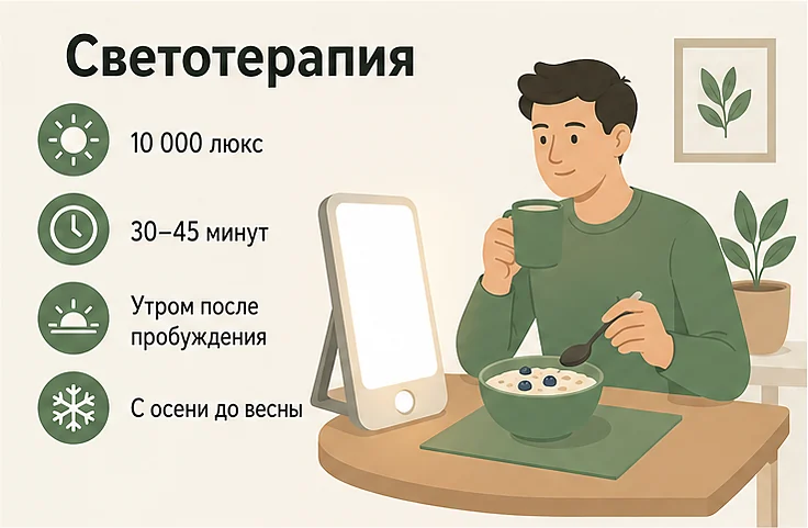 Светотерапия при сезонной депрессии: лампа 10 000 люкс, сеанс 30–45 минут утром после пробуждения, с осени до весны